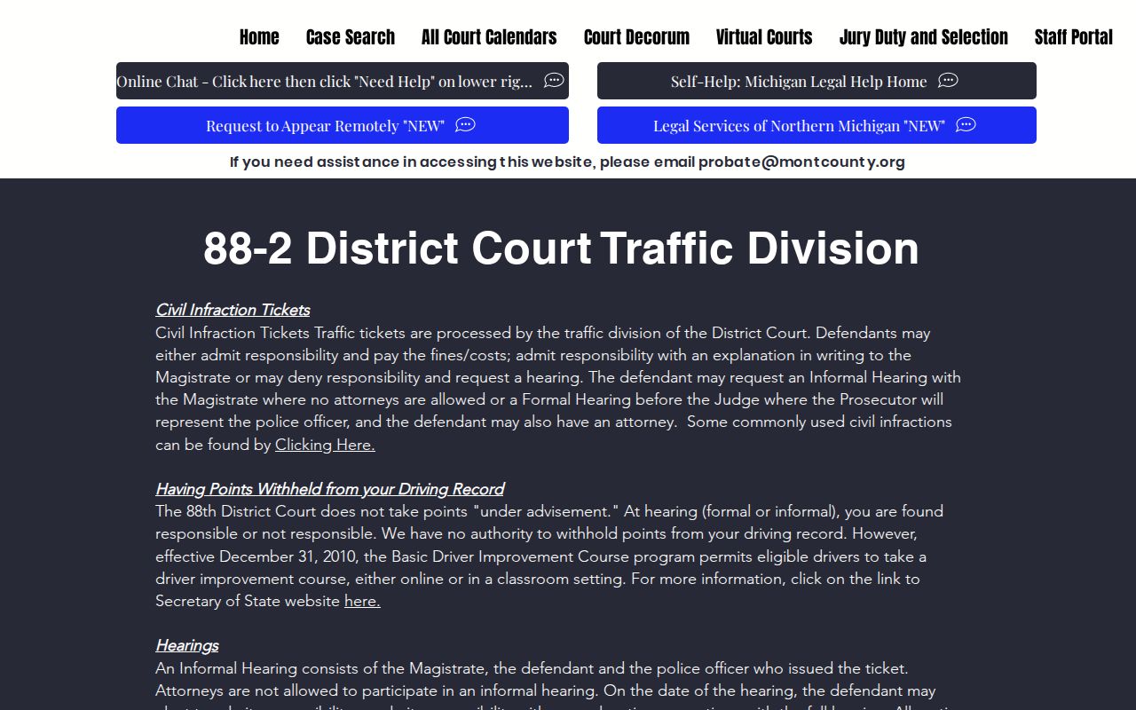 Montmorency County 88th District traffic page explaining default judgment and bench warrant risk