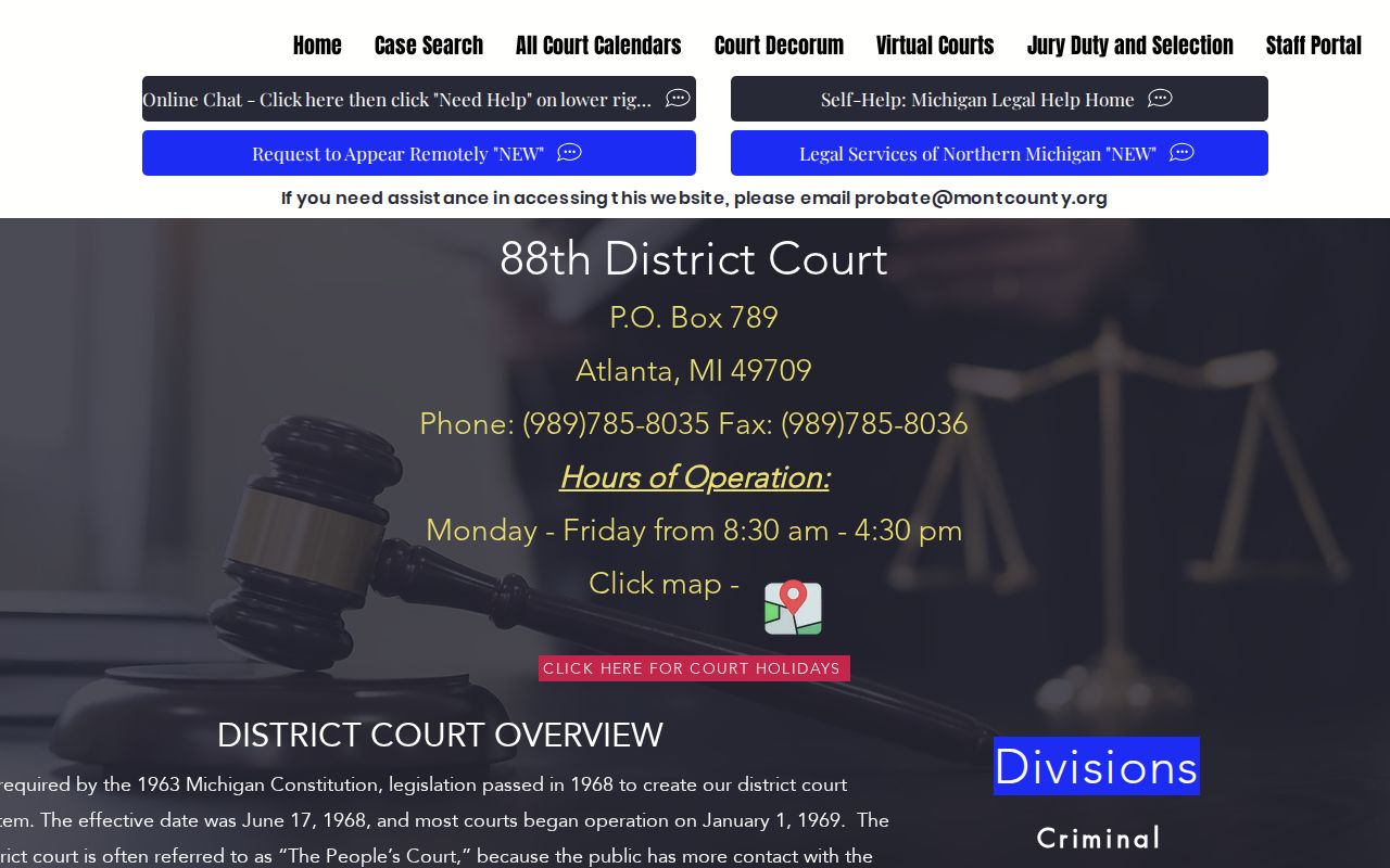 Montmorency County 88th District Court address and hours for traffic warrant questions