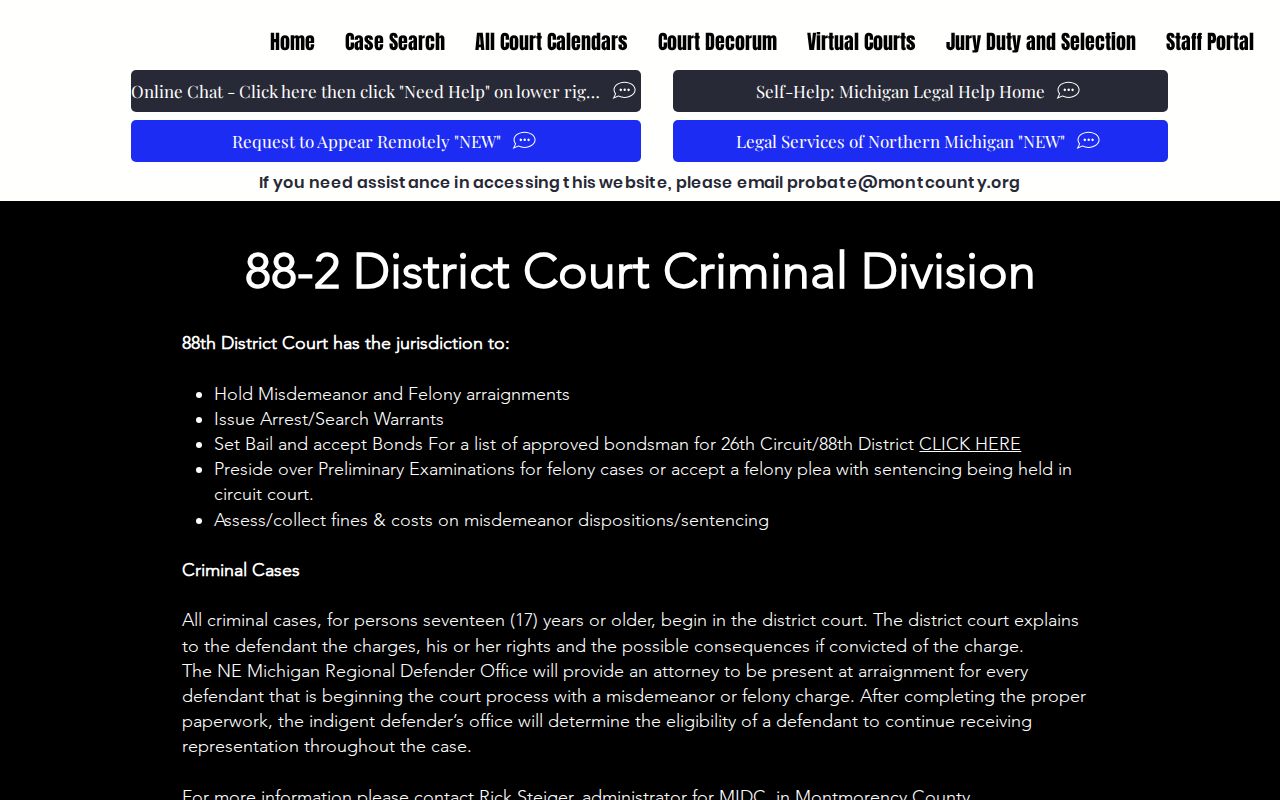 Montmorency County District Court criminal division page listing arrest warrant and bond functions