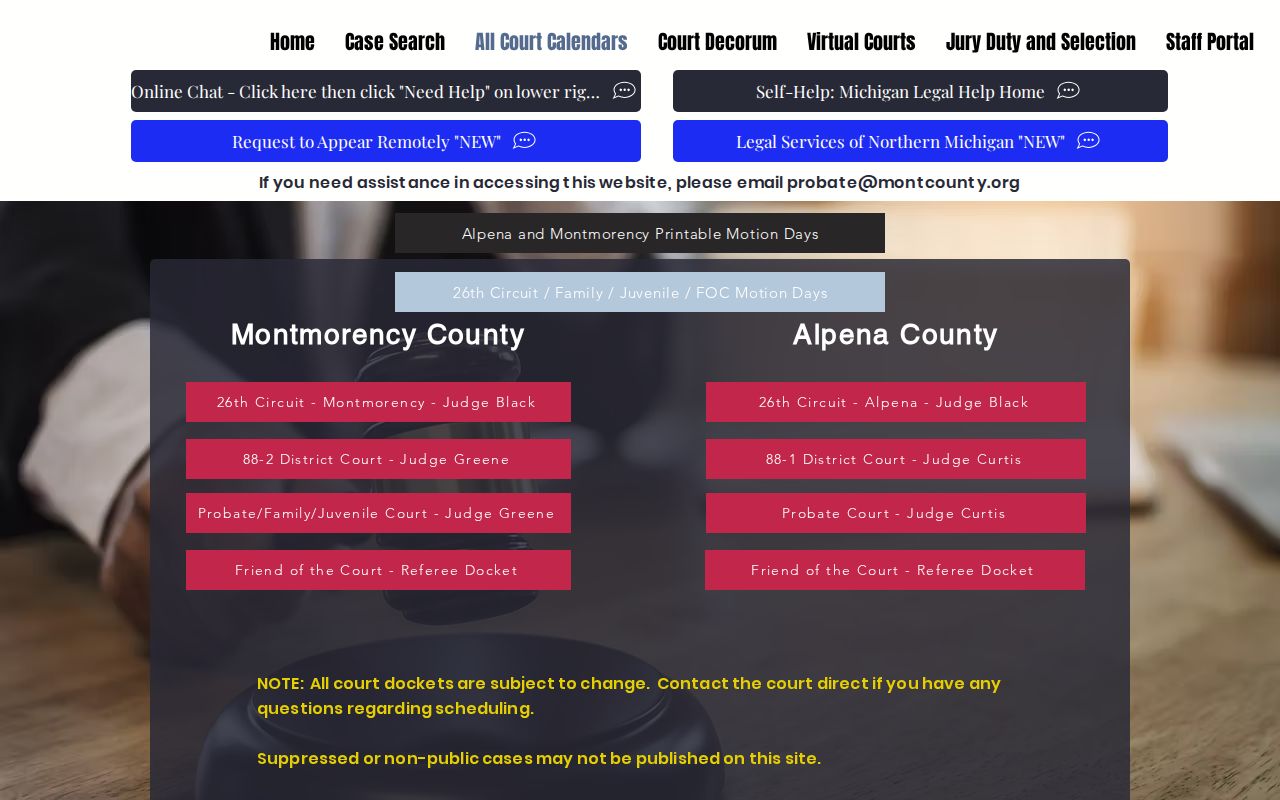 Montmorency County court calendars showing the settings that lead to a bench warrant