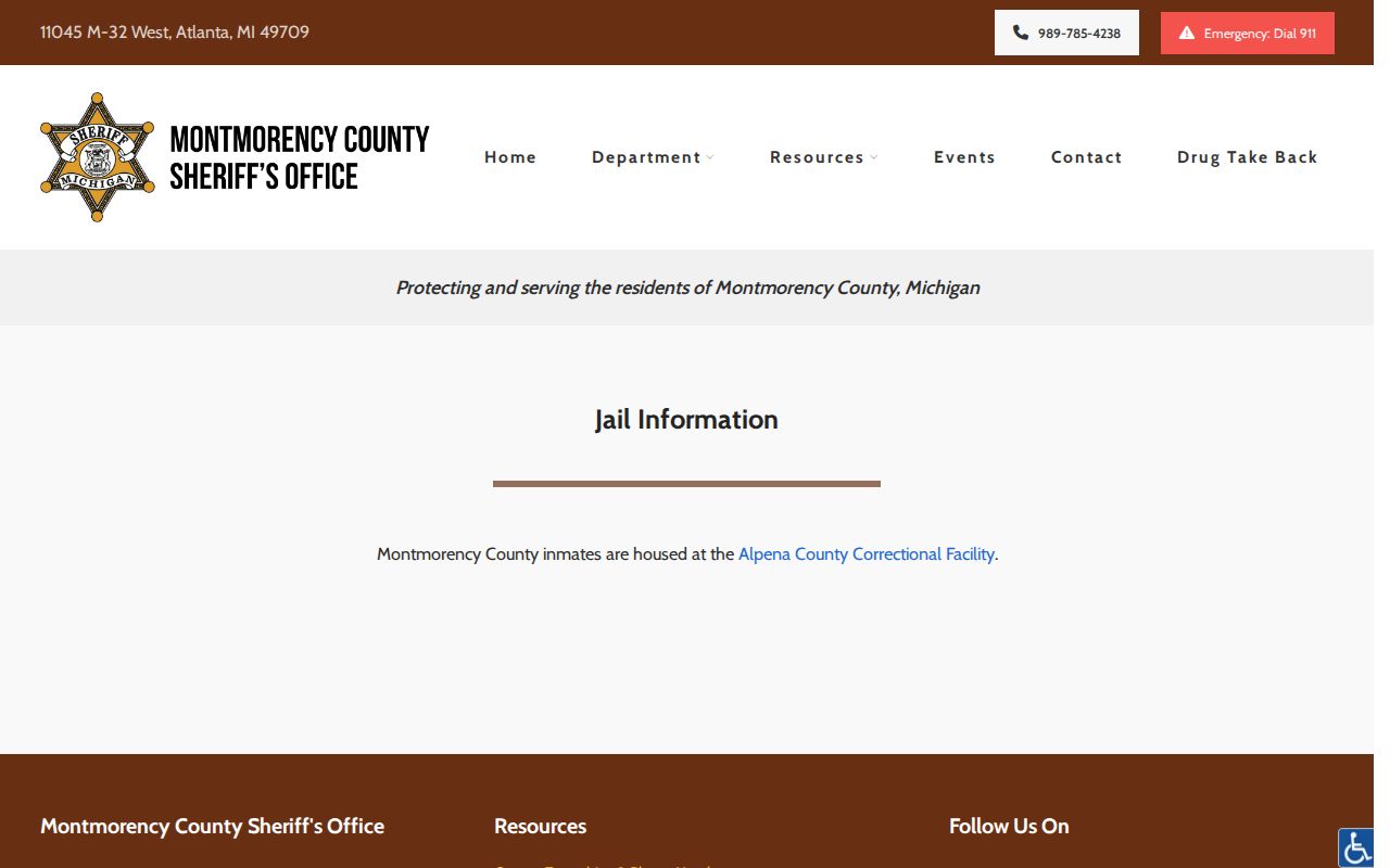 Montmorency County jail page noting that inmates are housed at the Alpena County facility