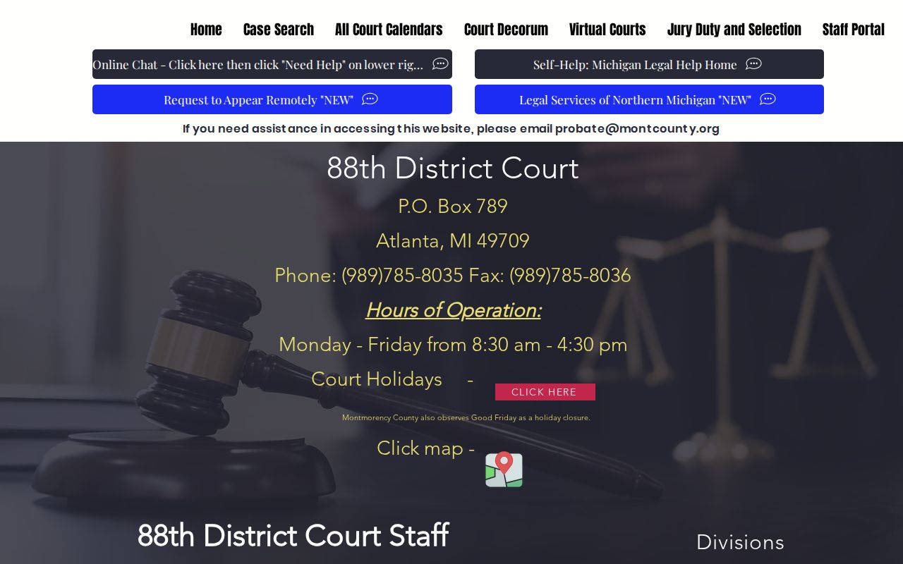 Montmorency County court overview page listing divisions that handle local warrant cases