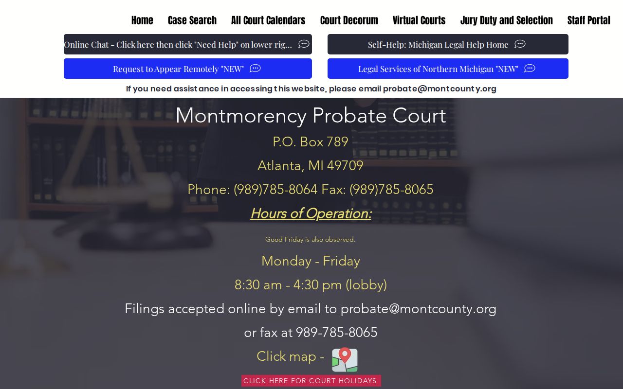 Montmorency County Probate Court contact page showing its limited role in bench warrant cases
