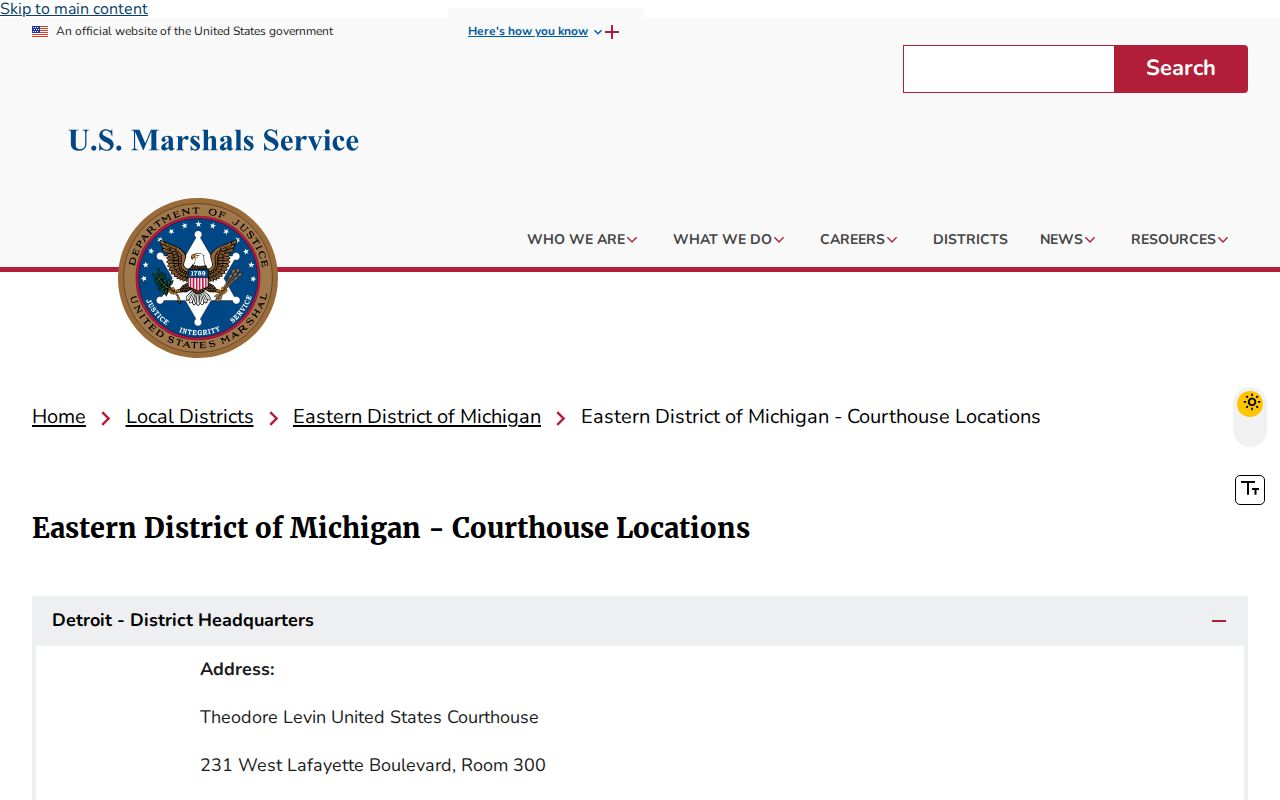 Federal courthouse location page for the district that covers Montmorency County warrants