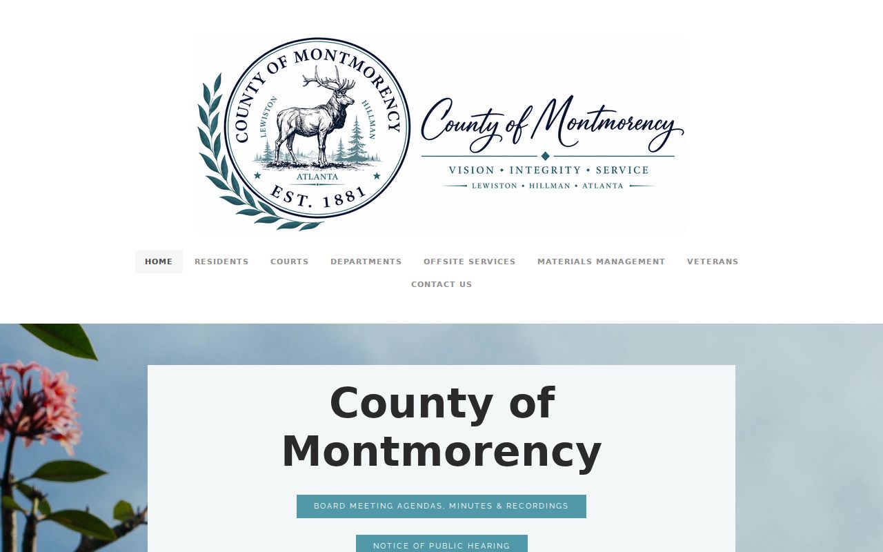 Montmorency County homepage with the Atlanta courthouse address for warrant records