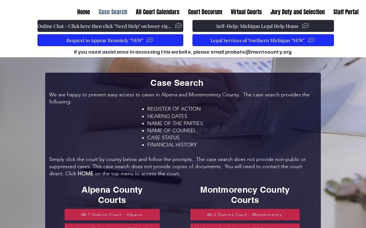 Montmorency County court case-search page for warrant records