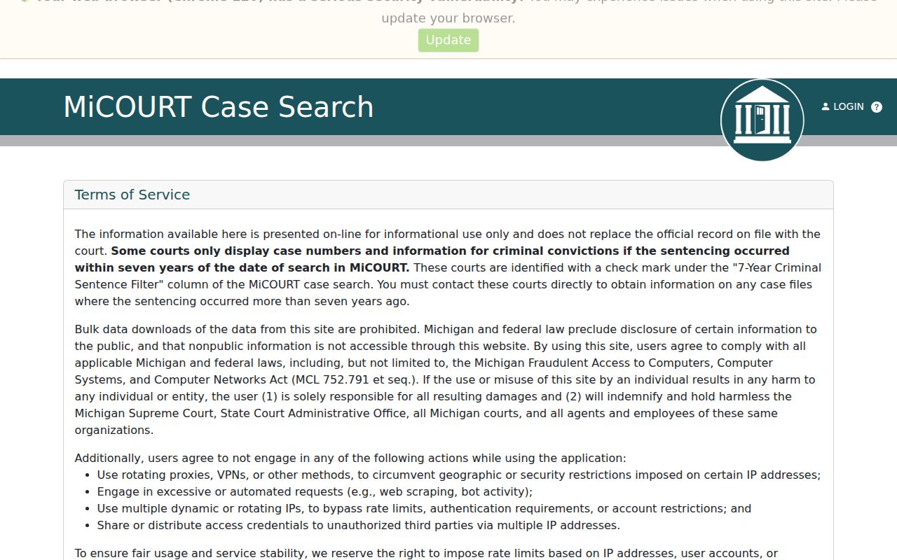 Montmorency County MiCOURT 26th Circuit warrant record search screen
