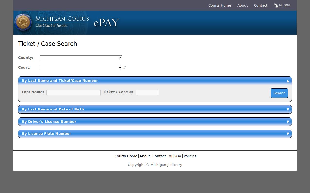 Montmorency County state ePAY ticket and case search fields for warrant checks